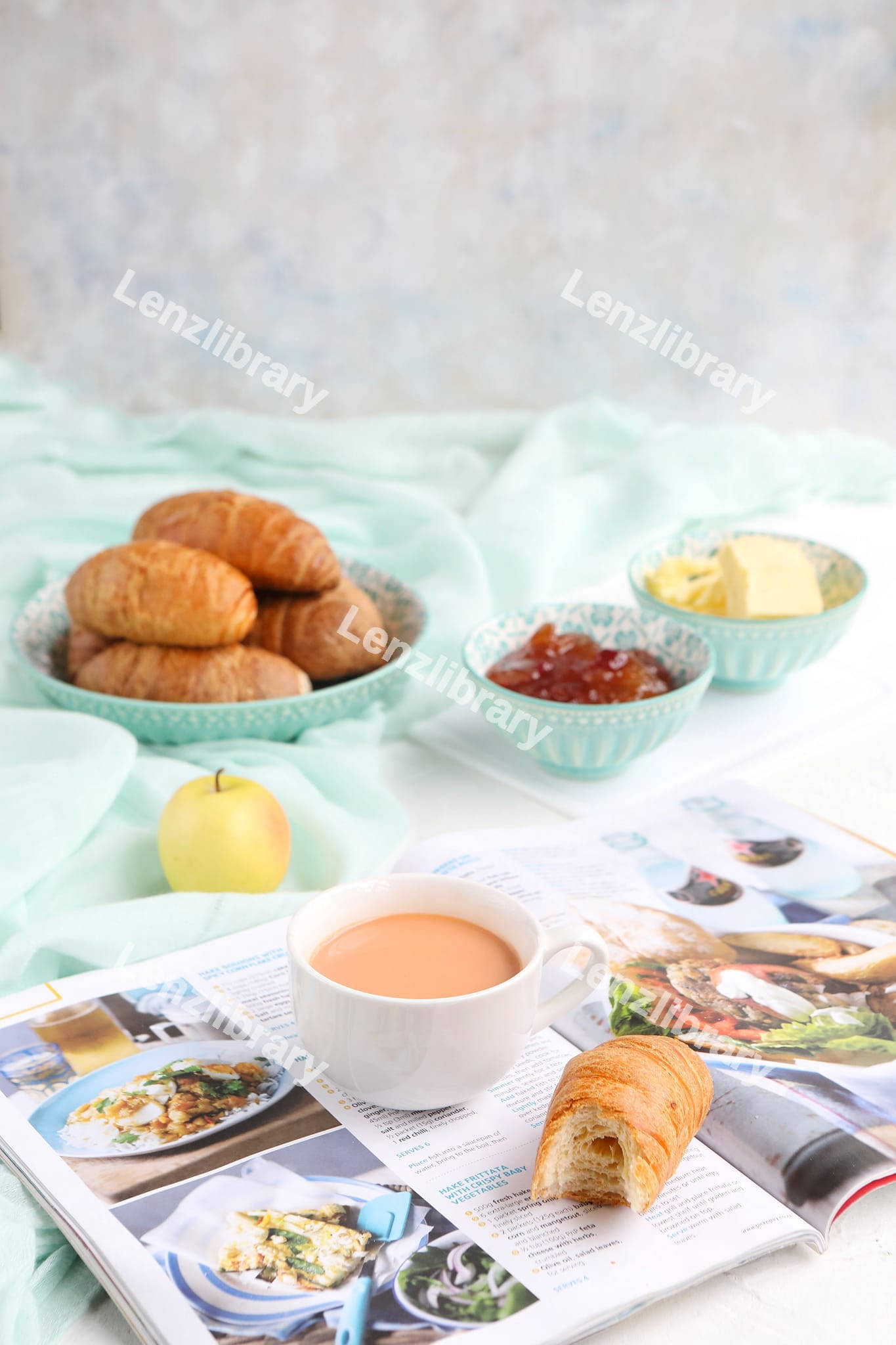 Breakfast placed on a magazine